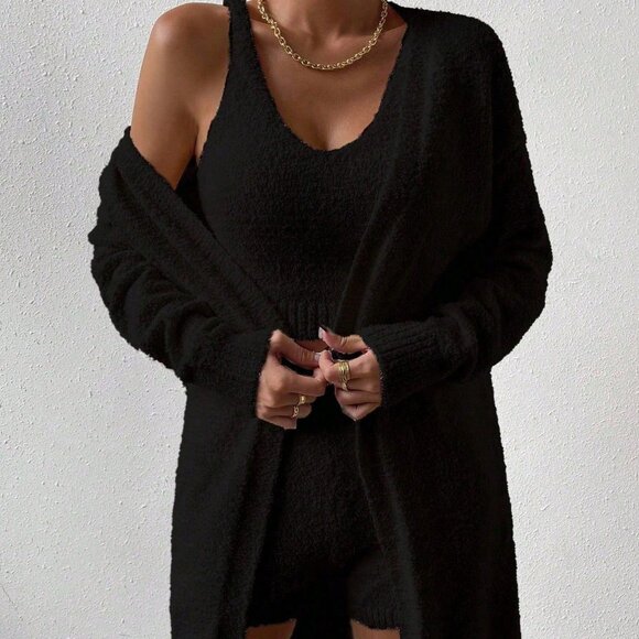 Black Casual Women's V-Neck Knit Cardigan Sweater - Picture 5 of 7